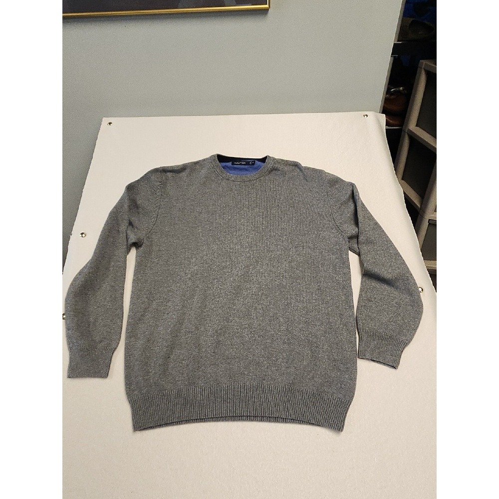 Nautica Mens XL Grey Cotton Crew Neck Sweater Long Sleeve Ribbed Knit Pullover
